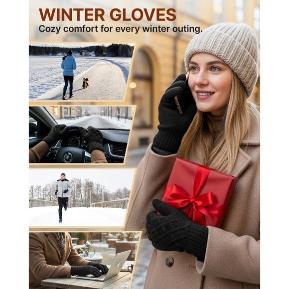 ⚡Women Black Winter Warm Touchscreen Texting Knit Thermal Wool Lining Gloves - Picture 5 of 7
